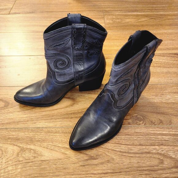 Western Ankle Boots Spiral Stitch Cowgirl Booties Black Leather 5.5 - Picture 9 of 10